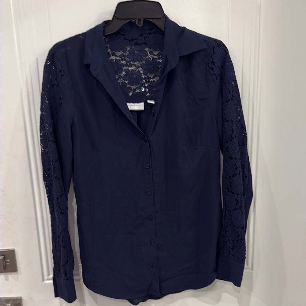 New York & Company Blue Button Down Shirt Notched Collar